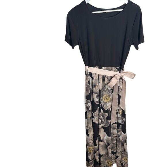 Ellen Weaver Short-sleeve Long Maxi Floral Dress w Ribbon Bow Waist W1075 Sz M - Picture 1 of 8